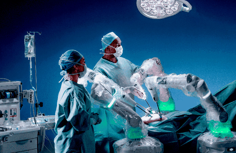 Versius in an operating theatre with a surgical team.